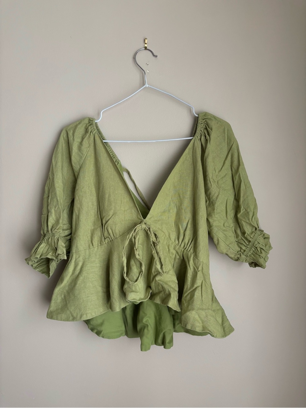 Ann Taylor Olive Green Tie-Front Peplum Blouse